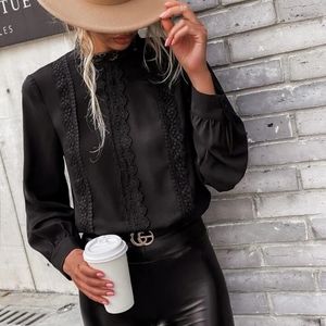 New Black Contrast Lace Blouse